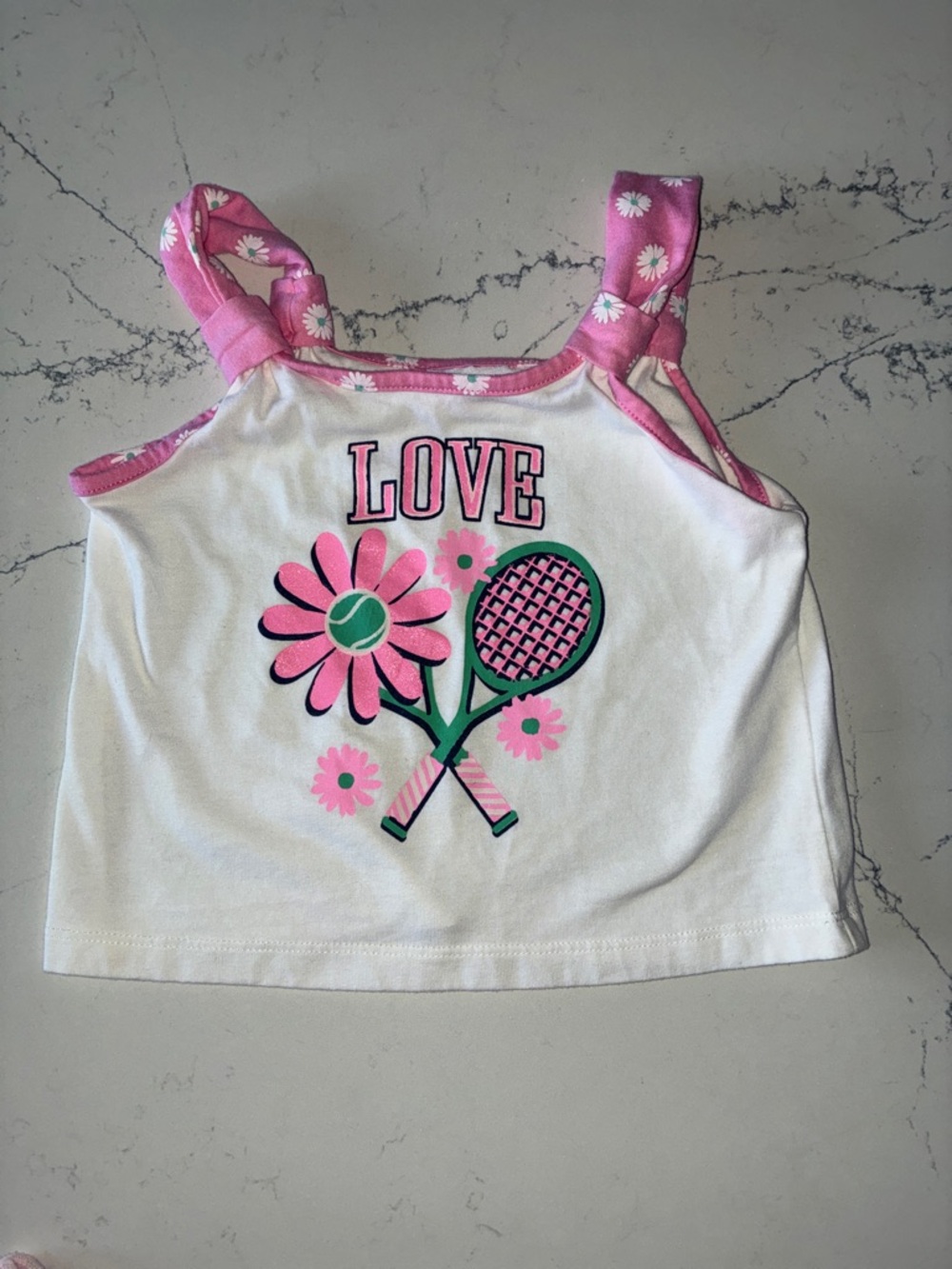 Little Lass White & Pink 'Love' Tennis Flower Tank Top